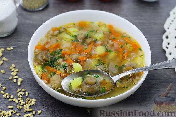Овощной суп с перловкой и консервированными грибами