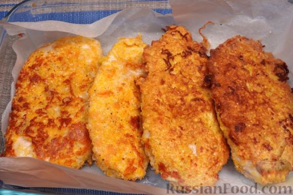 Куриное филе в панировке из сыра и кукурузных хлопьев, в духовке